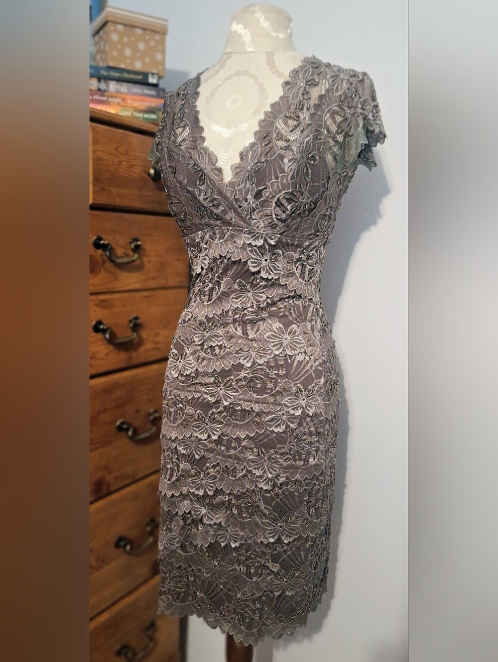 le chateau Gray Lace V-Neck Midi Dress